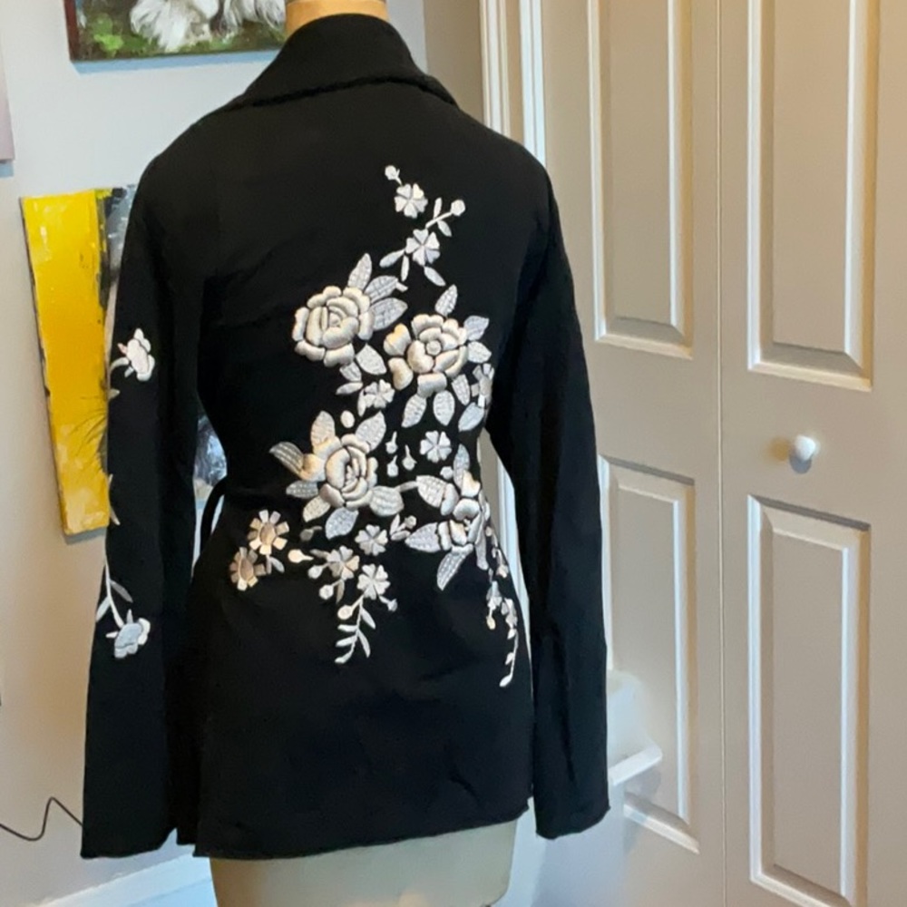 Lucky Brand shawl collar kimono jersey wrap jacket with embroidery